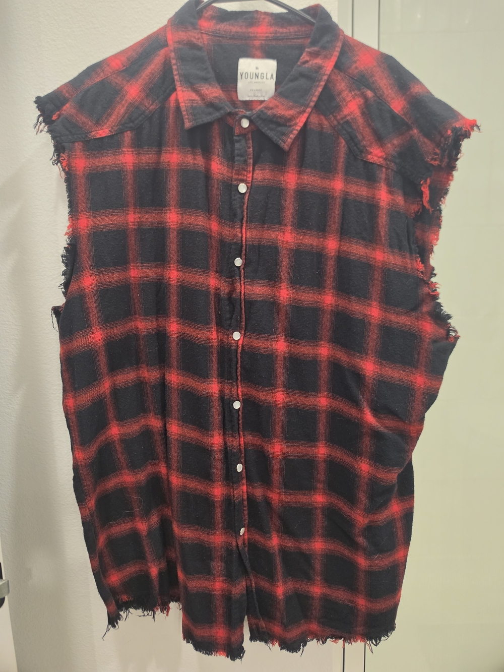 YoungLA Red and Black Plaid Sleeveless Button-Up Shirt